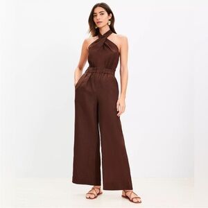 LOFT Chocolate Brown Halter Wide-Leg Jumpsuit